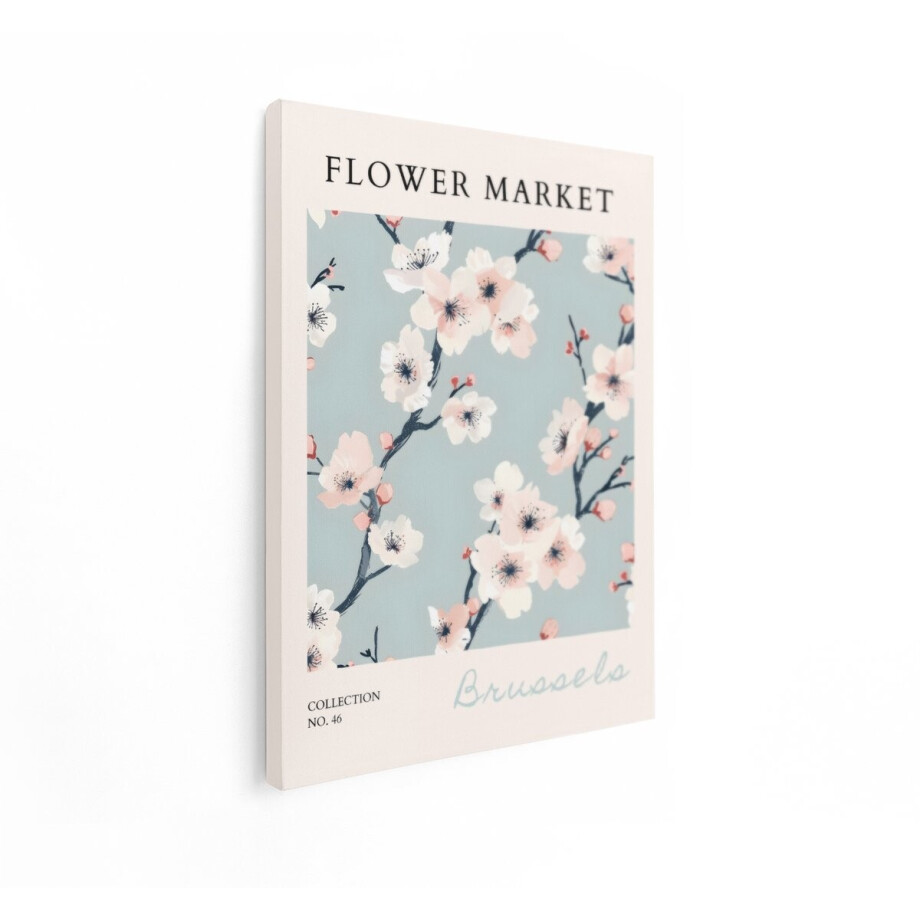 Artaza Canvas Schilderij Bloeiende Kersenbloesem op een Zachte Blauwe Achtergrond - Bloemenmarkt Poster - 90x120 cm - Groot - Wanddecoratie Woonkamer - Schilderijen - Muurdecoratie afbeelding 1