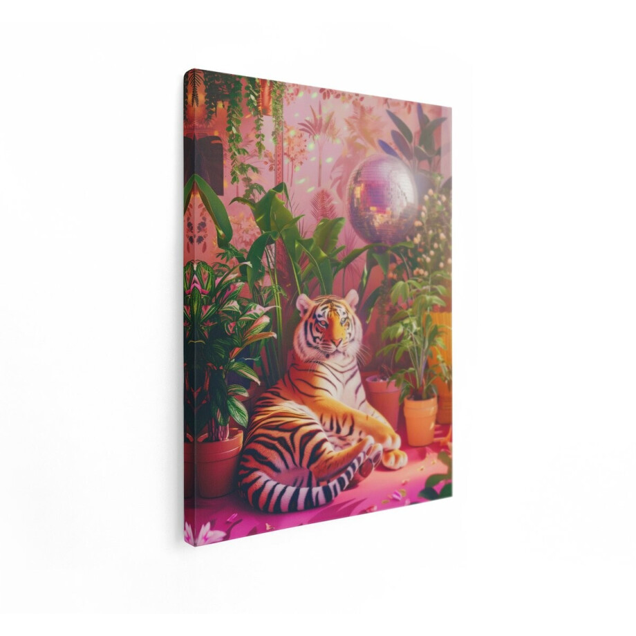 Artaza Canvas Schilderij Tijger - 60x80 cm - Wanddecoratie Dieren - Muurdecoratie Roze Kamer - Decoratie Planten Retro afbeelding 1