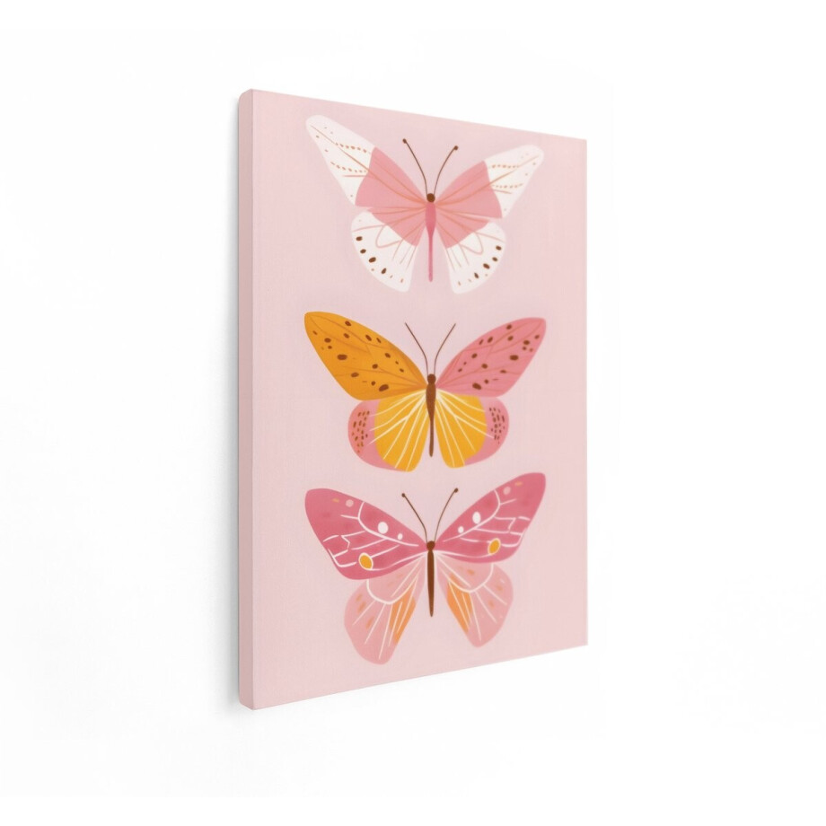 Artaza Canvas Schilderij Drie Gestileerde Vlinders in Pastelkleuren op een Zachte Roze Achtergrond - 60x80 cm - Wanddecoratie Woonkamer - Schilderijen - Muurdecoratie afbeelding 1