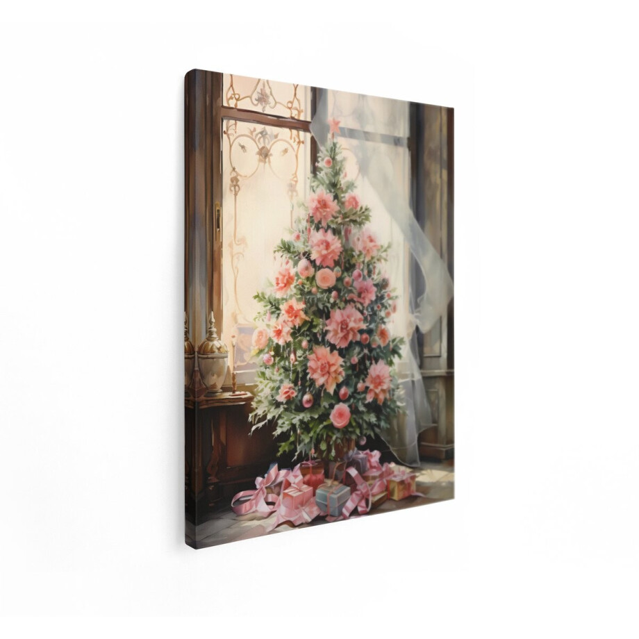 Artaza Canvas Schilderij Sfeervolle Kerstboom Versierd met Roze Bloemen en Cadeaus - 90x120 cm - Groot - Wanddecoratie Woonkamer - Schilderijen - Muurdecoratie afbeelding 1