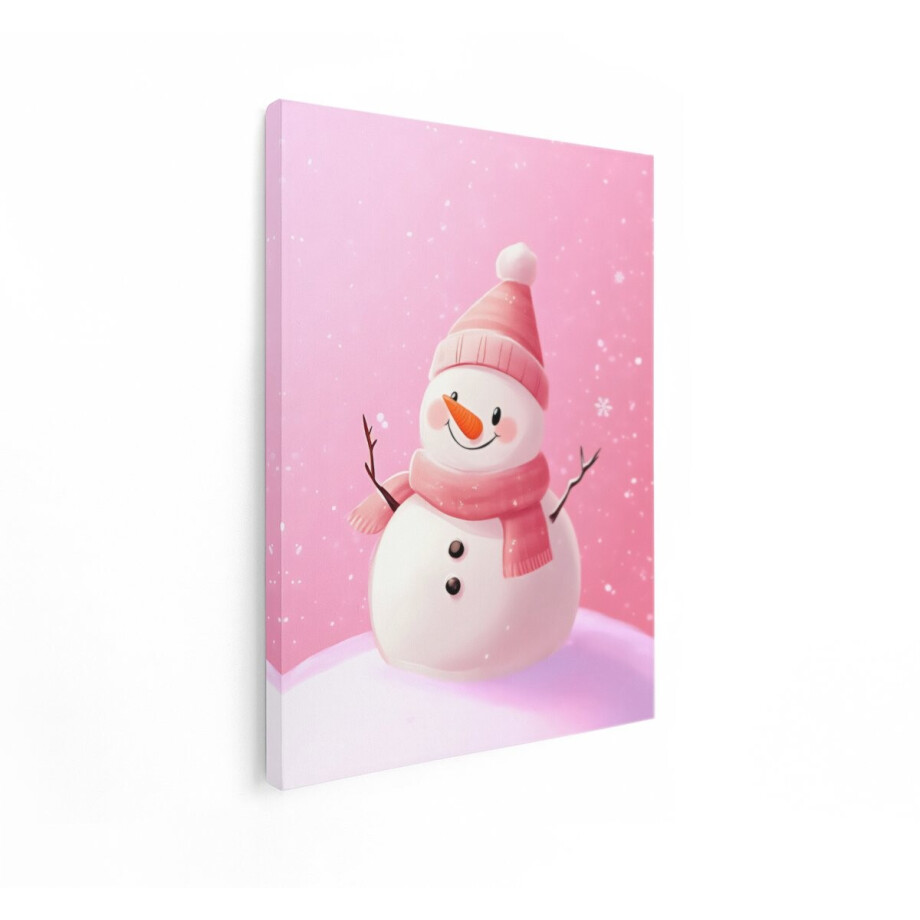Artaza Canvas Schilderij Sneeuwpop - 60x80 cm - Wanddecoratie Kinderkamer - Muurdecoratie Roze - Decoratie Meisjeskamer Winter afbeelding 1