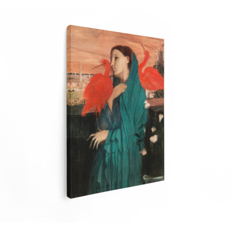 Artaza Canvas Schilderij Vrouw met Rode Ibissen en een Stad op de Achtergrond bij Zonsondergang - 60x80 cm - Wanddecoratie Woonkamer - Schilderijen - Muurdecoratie afbeelding 1