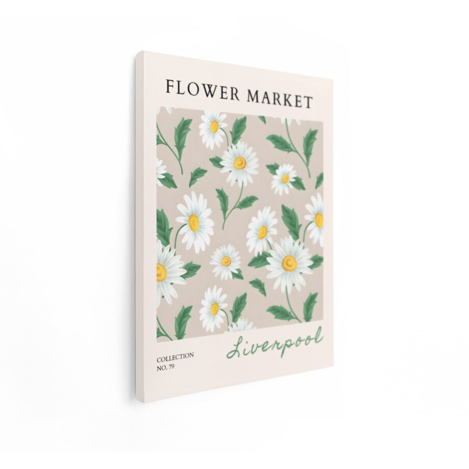 Artaza Canvas Schilderij Bloemenmarkt met Madeliefjes en Bladeren op een Zachte Achtergrond - 90x120 cm - Groot - Wanddecoratie Woonkamer - Schilderijen - Muurdecoratie afbeelding 1