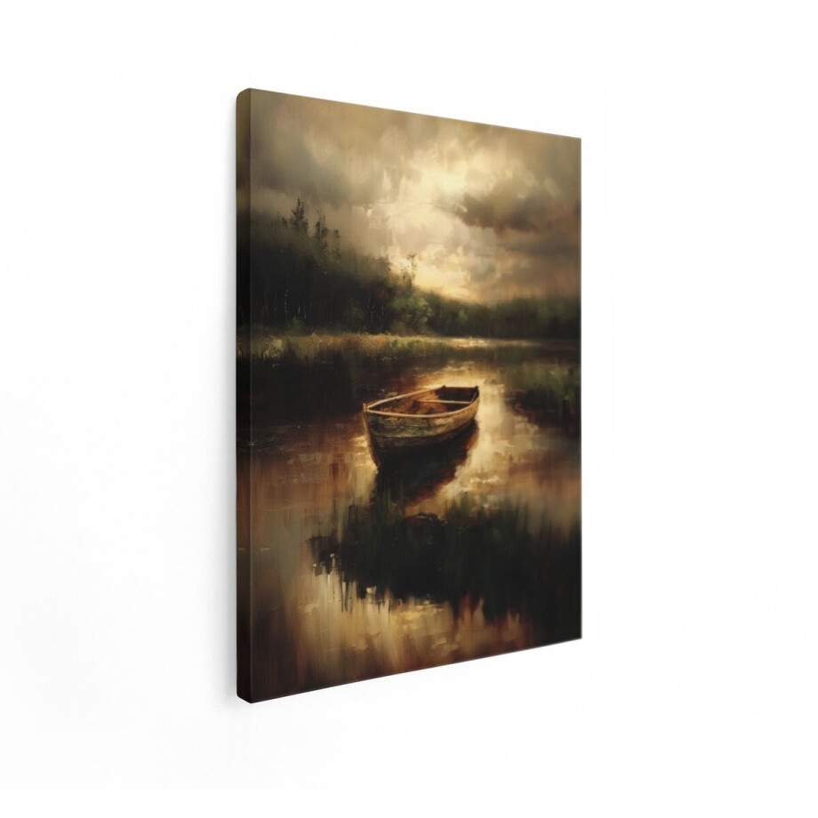 Artaza Canvas Schilderij Eenzaam Roeibootje Dobbert op een Rustig Wateroppervlak bij Zonsondergang - 60x80 cm - Wanddecoratie Woonkamer - Schilderijen - Muurdecoratie afbeelding 1