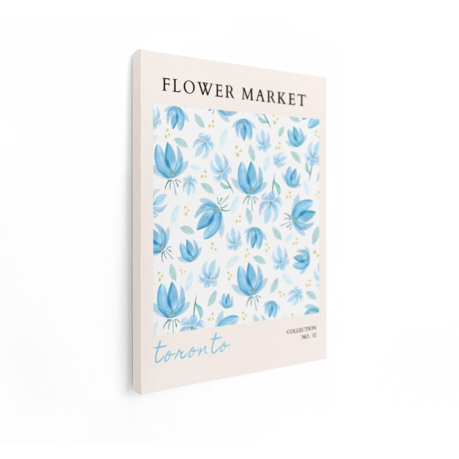 Artaza Canvas Schilderij Bloemenprint met Blauwe Bloemen en Gouden Accenten - Toronto Flower Market - 90x120 cm - Groot - Wanddecoratie Woonkamer - Schilderijen - Muurdecoratie afbeelding 1