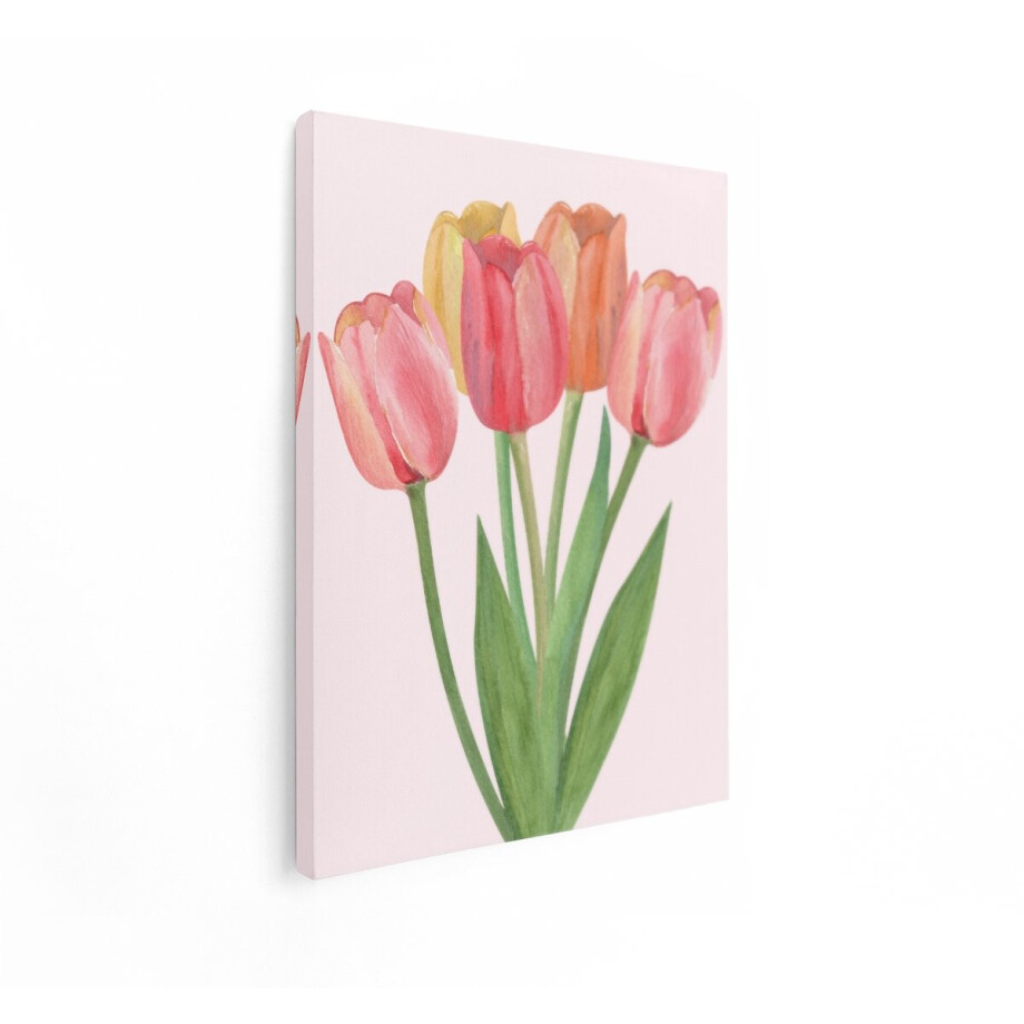 Artaza Canvas Schilderij Zachte Aquarel Tulpen in Pastelkleuren op een Lichte Roze Achtergrond - 60x80 cm - Wanddecoratie Woonkamer - Schilderijen - Muurdecoratie afbeelding 1