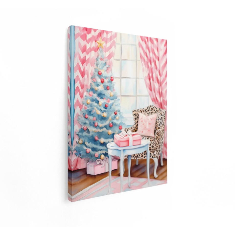 Artaza Canvas Schilderij Kerstboom - 60x80 cm - Wanddecoratie Kerst - Muurdecoratie Roze - Decoratie Woonkamer - Schilderijen Op Canvas afbeelding 1