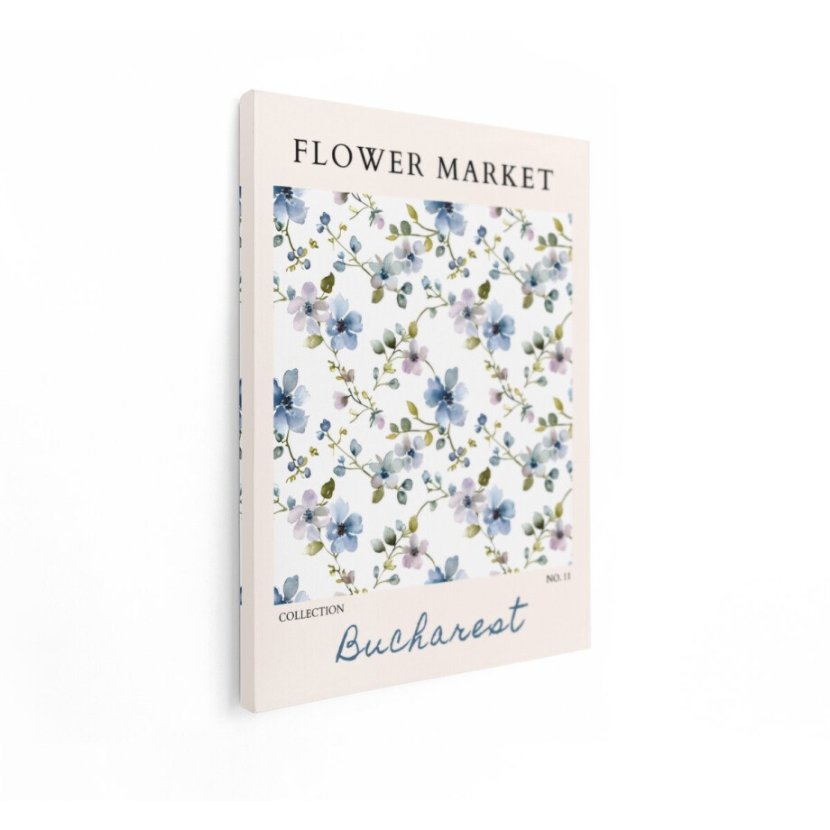 Artaza Canvas Schilderij Delicaat Aquarelbloempatroon met Blauwe en Paarse Bloemen en Groene Bladeren - 60x80 cm - Wanddecoratie Woonkamer - Schilderijen - Muurdecoratie afbeelding 1