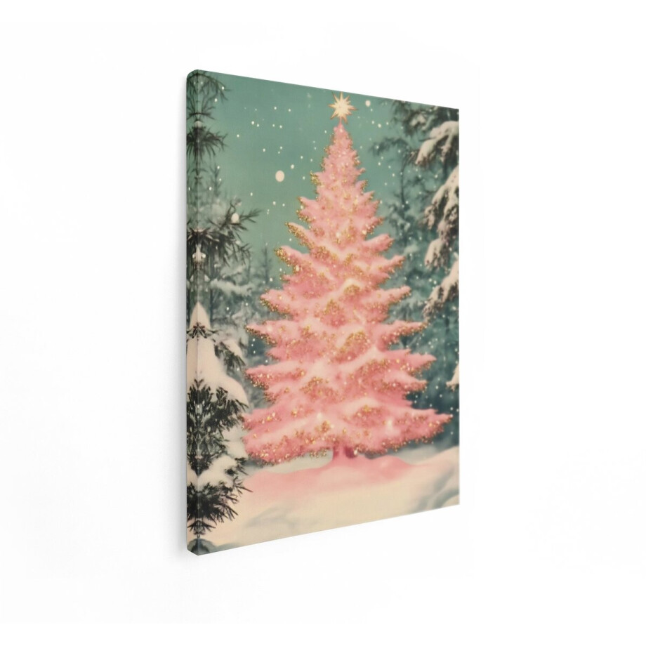 Artaza Canvas Schilderij Roze Kerstboom - 30x40 cm - Wanddecoratie Goud - Muurdecoratie Winter - Schilderijen Bos - Vintage afbeelding 1