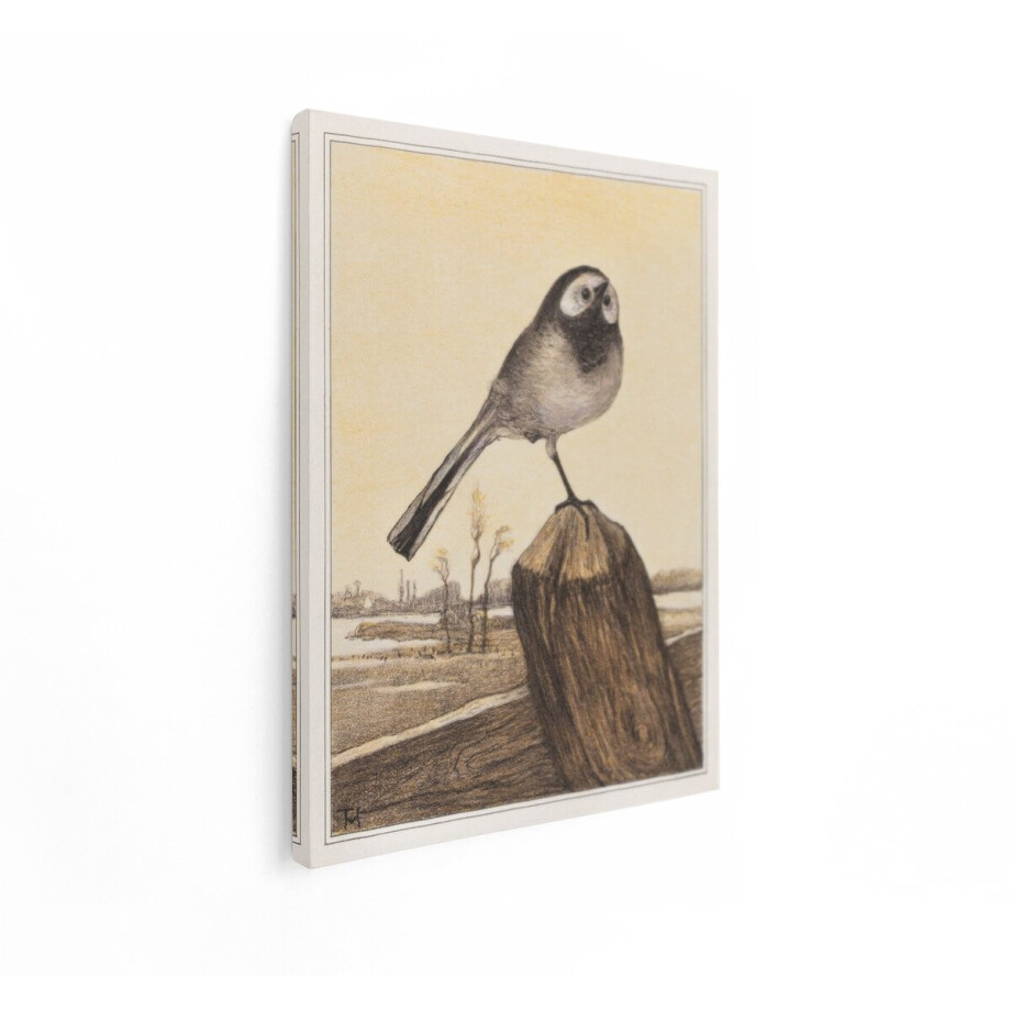 Artaza Canvas Schilderij Gedetailleerde Tekening van een Kwikstaartje Zittend op een Houten Paal in de Natuur - 90x120 cm - Groot - Wanddecoratie Woonkamer - Schilderijen - Muurdecoratie afbeelding 1