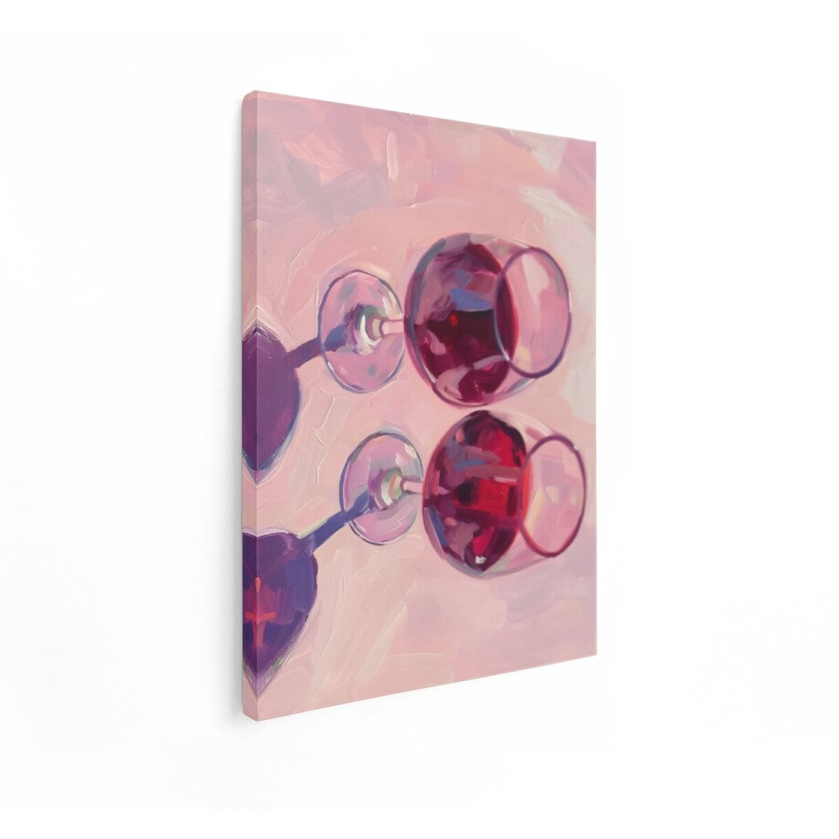 Artaza Canvas Schilderij Twee Glazen Rode Wijn op een Roze Achtergrond - Geschilderd in Impressionistische Stijl - 90x120 cm - Groot - Wanddecoratie Woonkamer - Schilderijen - Muurdecoratie afbeelding 1