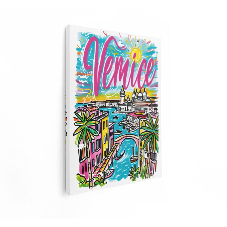Artaza Canvas Schilderij Levendige Illustratie van Venetië met de Tekst 'Venice' en een Gondel - 90x120 cm - Groot - Wanddecoratie Woonkamer - Schilderijen - Muurdecoratie afbeelding 1