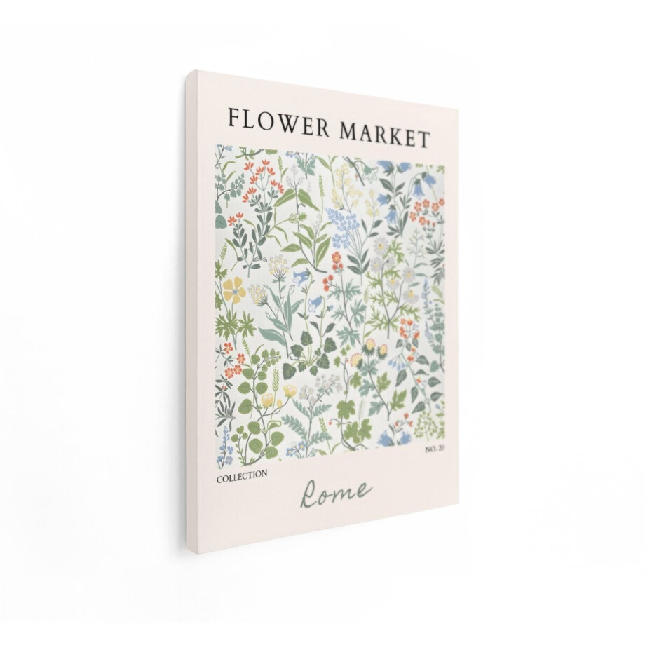 Artaza Canvas Schilderij Bloemenmarkt Poster met Botanische Illustraties en Kalligrafie - 90x120 cm - Groot - Wanddecoratie Woonkamer - Schilderijen - Muurdecoratie afbeelding 1