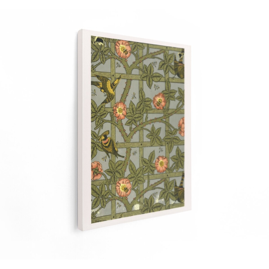 Artaza Canvas Schilderij Vintage Behang met Rozen - Vogels en Insecten op een Trellis - 60x80 cm - Wanddecoratie Woonkamer - Schilderijen - Muurdecoratie afbeelding 1