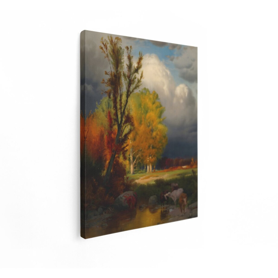 Artaza Canvas Schilderij Herfstlandschap - 90x120 cm - Wanddecoratie Koeien - Muurdecoratie Natuur - Schilderijen Op Canvas Bos afbeelding 1