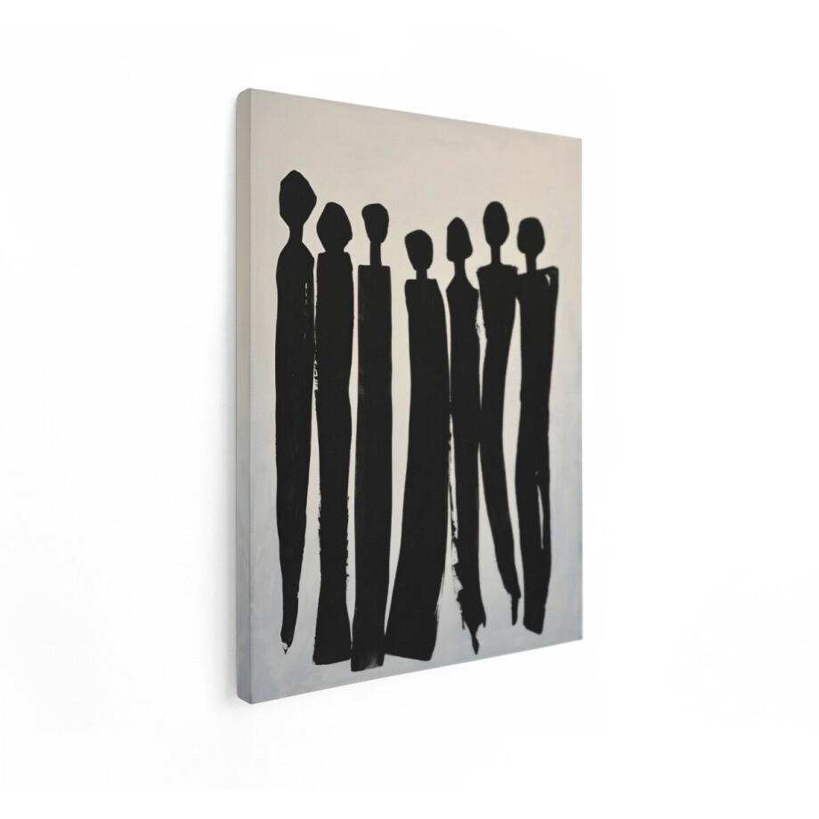 Artaza Canvas Schilderij Abstracte Schildering van Zeven Zwarte Silhouetten op een Witte Achtergrond - 30x40 cm - Klein - Wanddecoratie Woonkamer - Schilderijen - Muurdecoratie afbeelding 1