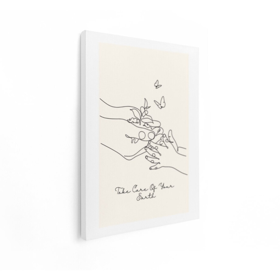 Artaza Canvas Schilderij Zorg voor de Aarde met Handen Die een Plantje Vasthouden en Vlinders - 60x80 cm - Wanddecoratie Woonkamer - Schilderijen - Muurdecoratie afbeelding 1