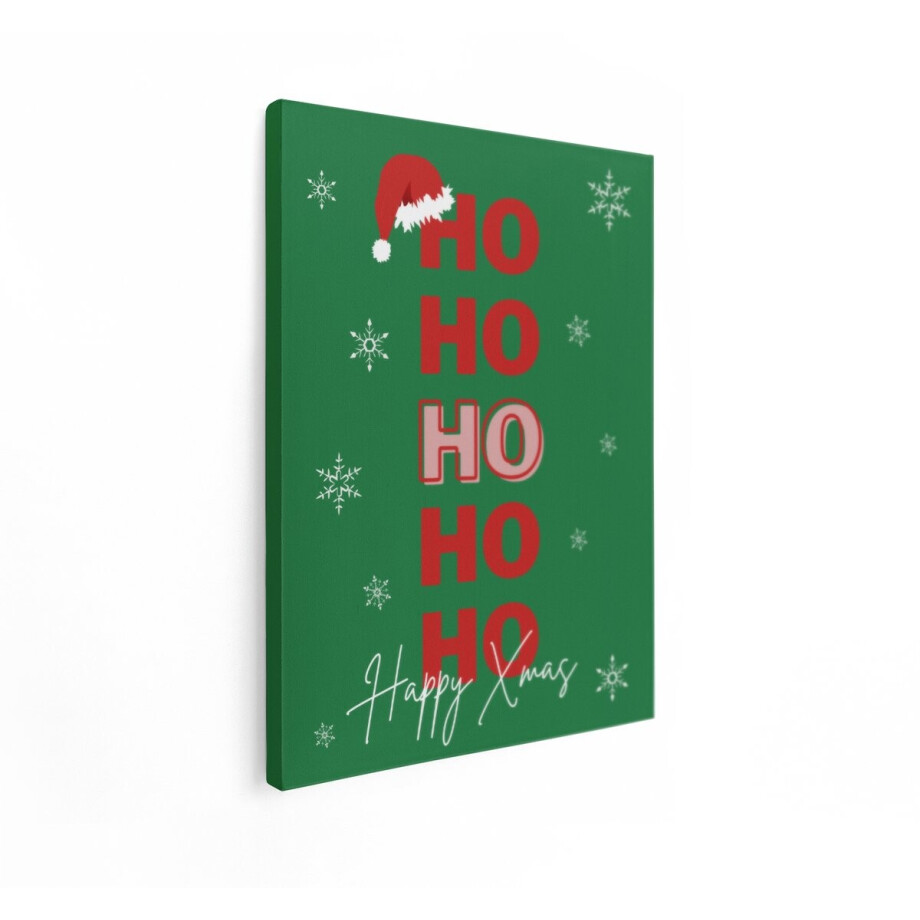 Artaza Canvas Schilderij Ho Ho Ho - 60x80 cm - Wanddecoratie Kerst - Muurdecoratie Kerstmuts - Decoratie Sneeuwvlokken - Groen afbeelding 1