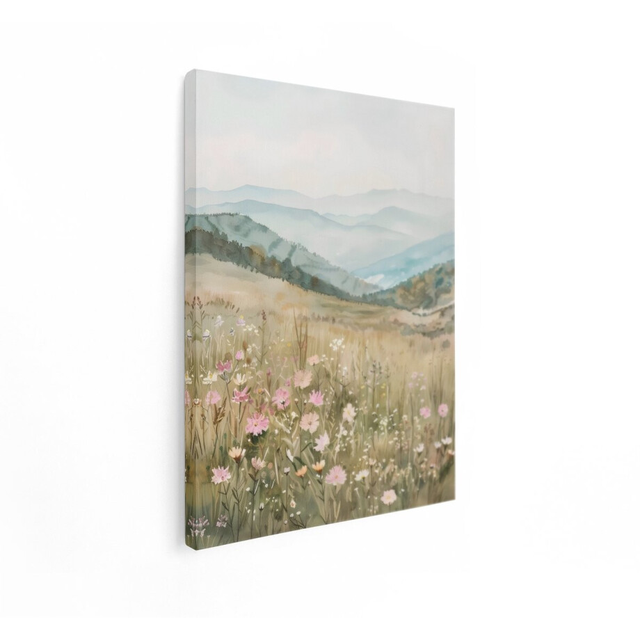 Artaza Canvas Schilderij Bloemenveld - 90x120 cm - Wanddecoratie Berglandschap - Muurdecoratie Aquarel - Decoratie Woonkamer afbeelding 1