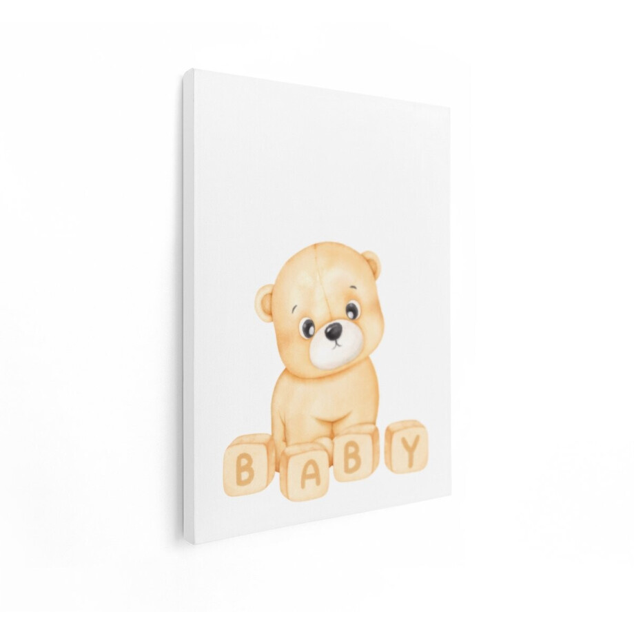 Artaza Canvas Schilderij Schattige Teddybeer met Blokken met de Tekst Baby - Perfect voor Geboorteaankondigingen - 90x120 cm - Groot - Wanddecoratie Woonkamer - Schilderijen - Muurdecoratie afbeelding 1