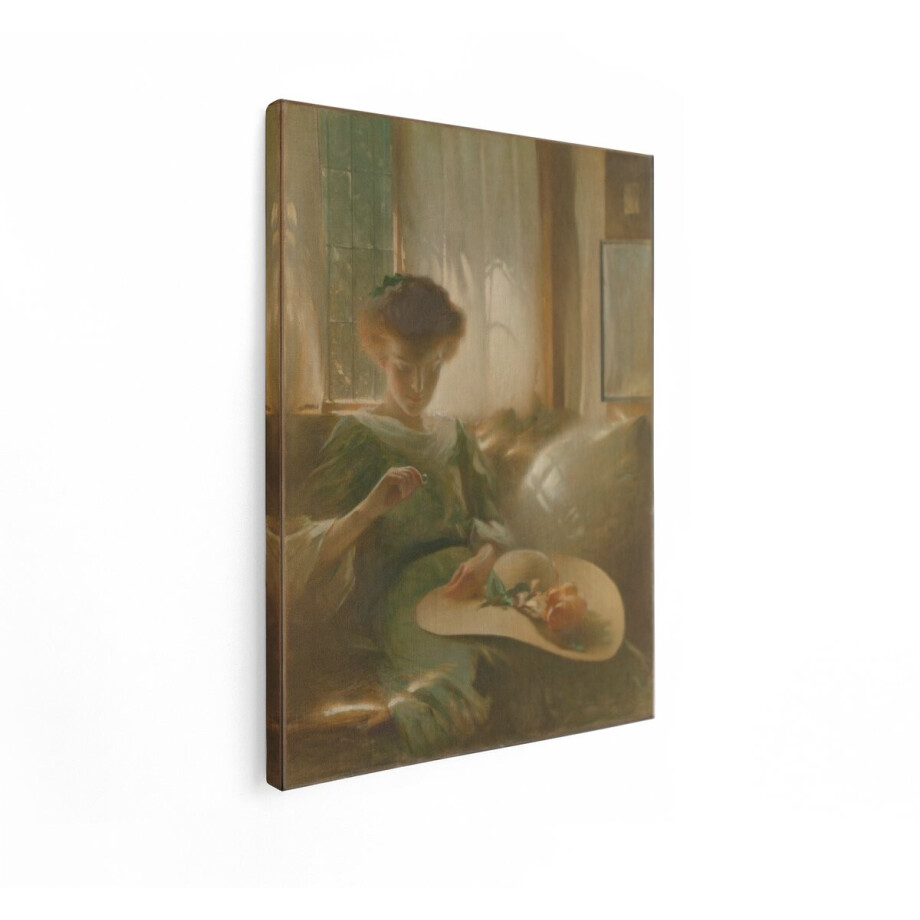 Artaza Canvas Schilderij Vrouw In Groene Jurk - 30x40 cm - Wanddecoratie Vintage Hoed - Muurdecoratie Slaapkamer - Schilderijen Op Canvas afbeelding 1