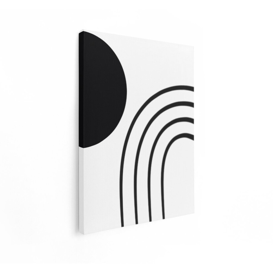 Artaza Canvas Schilderij Abstracte Zwarte Cirkel en Regenbooglijnen op Witte Achtergrond - 90x120 cm - Groot - Wanddecoratie Woonkamer - Schilderijen - Muurdecoratie afbeelding 1