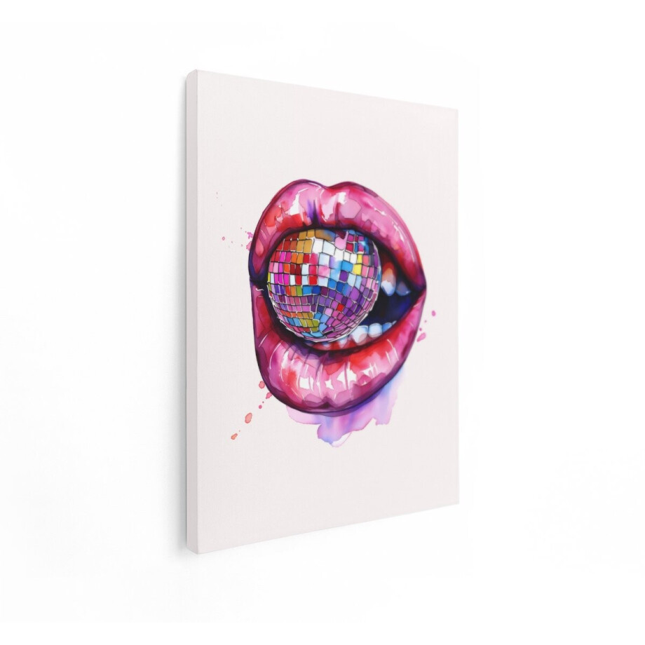 Artaza Canvas Schilderij Vrolijke Rode Lippen met Discobal in Aquarel Stijl - 60x80 cm - Wanddecoratie Woonkamer - Schilderijen - Muurdecoratie afbeelding 1