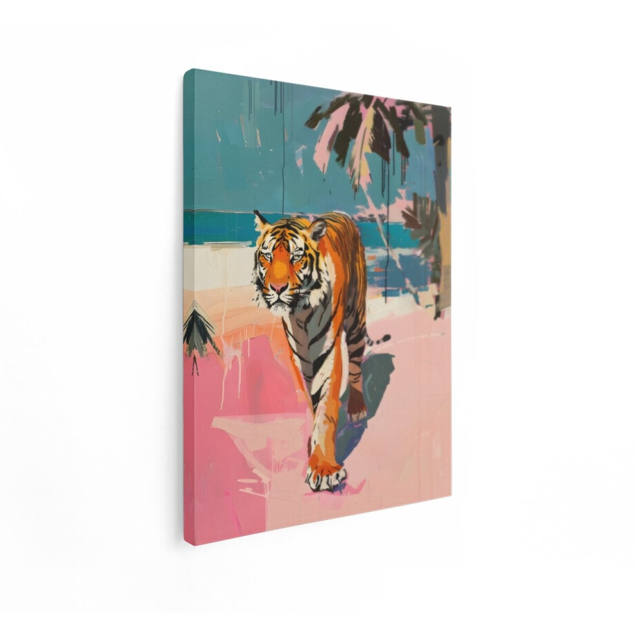 Artaza Canvas Schilderij Expressieve Tijger Loopt op een Roze Strand met Palmbomen en Oceaan op de Achtergrond - 90x120 cm - Groot - Wanddecoratie Woonkamer - Schilderijen - Muurdecoratie Artaza Canvas Schilderij Expressieve Tijger Loopt op een Roze Strand met Palmbomen en Oceaan op de Achtergrond - 90x120 cm - Groot - Wanddecoratie Woonkamer - Schilderijen - Muurdecoratie afbeelding 1