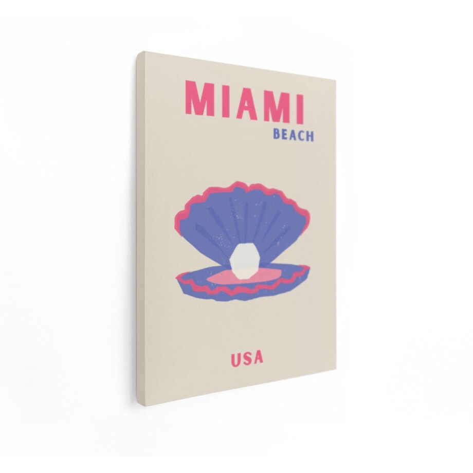 Artaza Canvas Schilderij Miami Beach Retro Poster met een Parel in een Open Oesterschelp - 60x80 cm - Wanddecoratie Woonkamer - Schilderijen - Muurdecoratie afbeelding 1