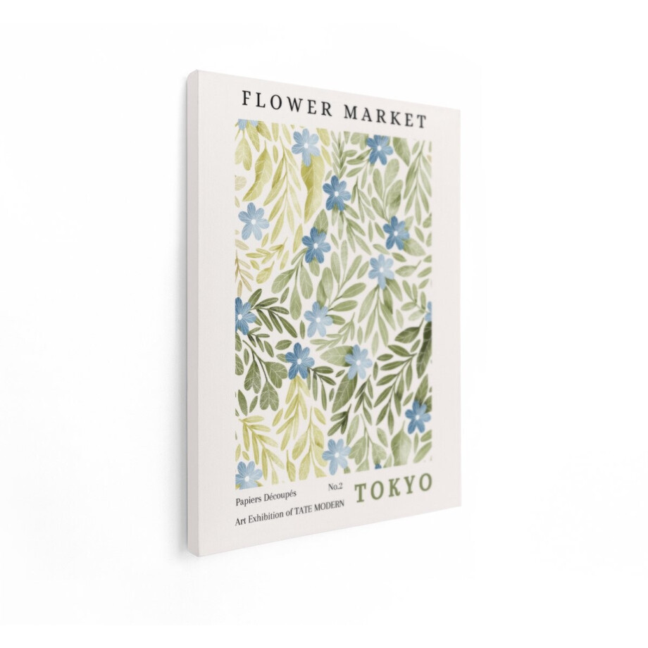 Artaza Canvas Schilderij Bloemenmarkt Poster met Blauwe Bloemen en Bladeren - Tokyo Tentoonstelling - 90x120 cm - Groot - Wanddecoratie Woonkamer - Schilderijen - Muurdecoratie afbeelding 1
