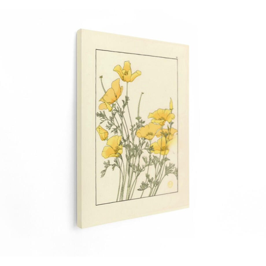 Artaza Canvas Schilderij Gele Klaprozen in een Gestileerde Illustratie met Delicate Groene Bladeren - 30x40 cm - Klein - Wanddecoratie Woonkamer - Schilderijen - Muurdecoratie afbeelding 1