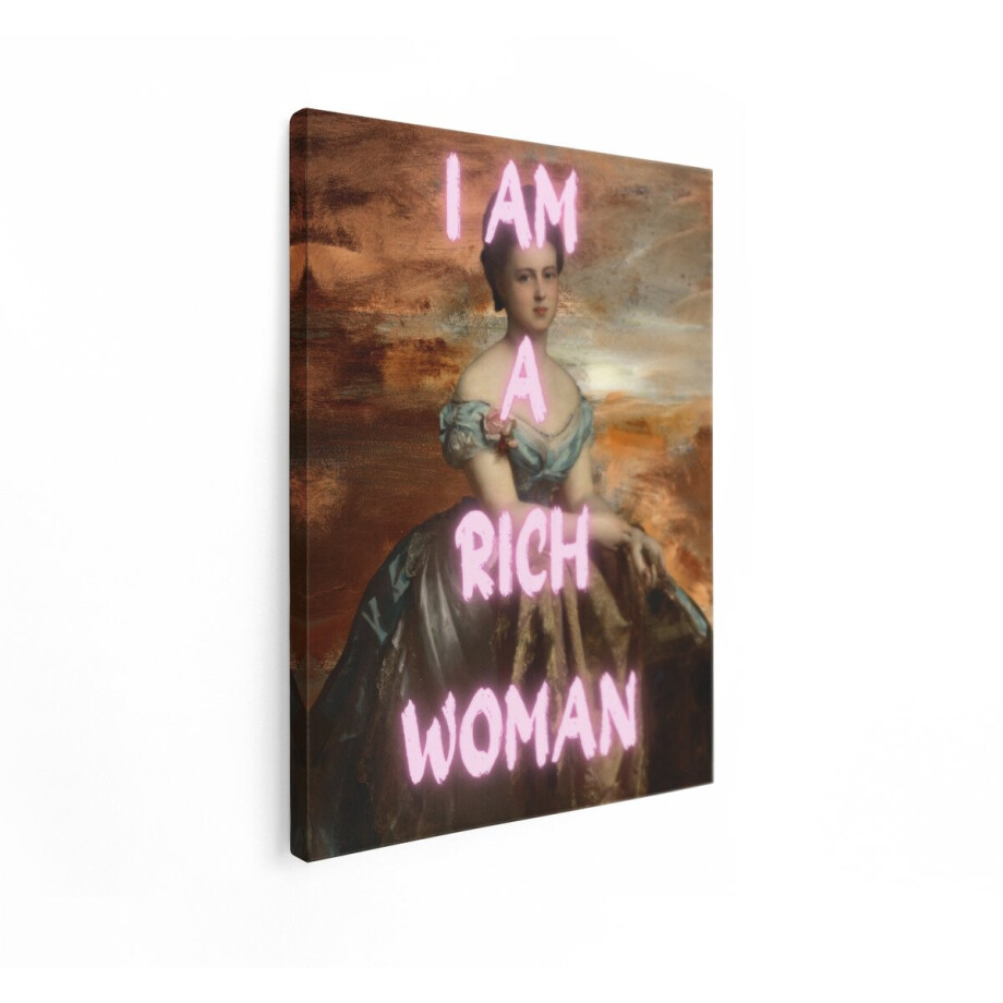 Artaza Canvas Schilderij Vrouw in Klassiek Schilderij met Tekst 'I Am A Rich Woman' - 30x40 cm - Klein - Wanddecoratie Woonkamer - Schilderijen - Muurdecoratie afbeelding 1