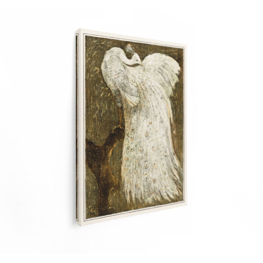 Artaza Canvas Schilderij Prachtige Witte Pauw met Gespreide Vleugels op een Donkere Achtergrond - 90x120 cm - Groot - Wanddecoratie Woonkamer - Schilderijen - Muurdecoratie afbeelding 1