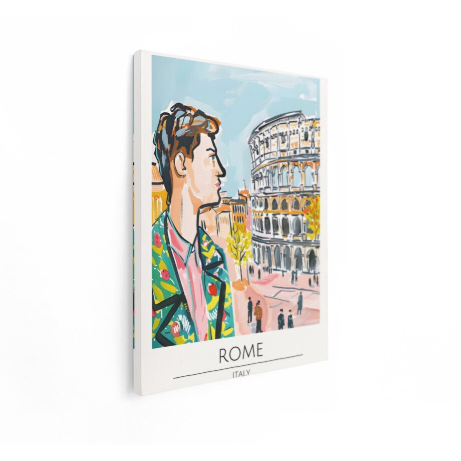 Artaza Canvas Schilderij Stijlvolle Man met Colosseum op de Achtergrond in Rome - 90x120 cm - Groot - Wanddecoratie Woonkamer - Schilderijen - Muurdecoratie afbeelding 1