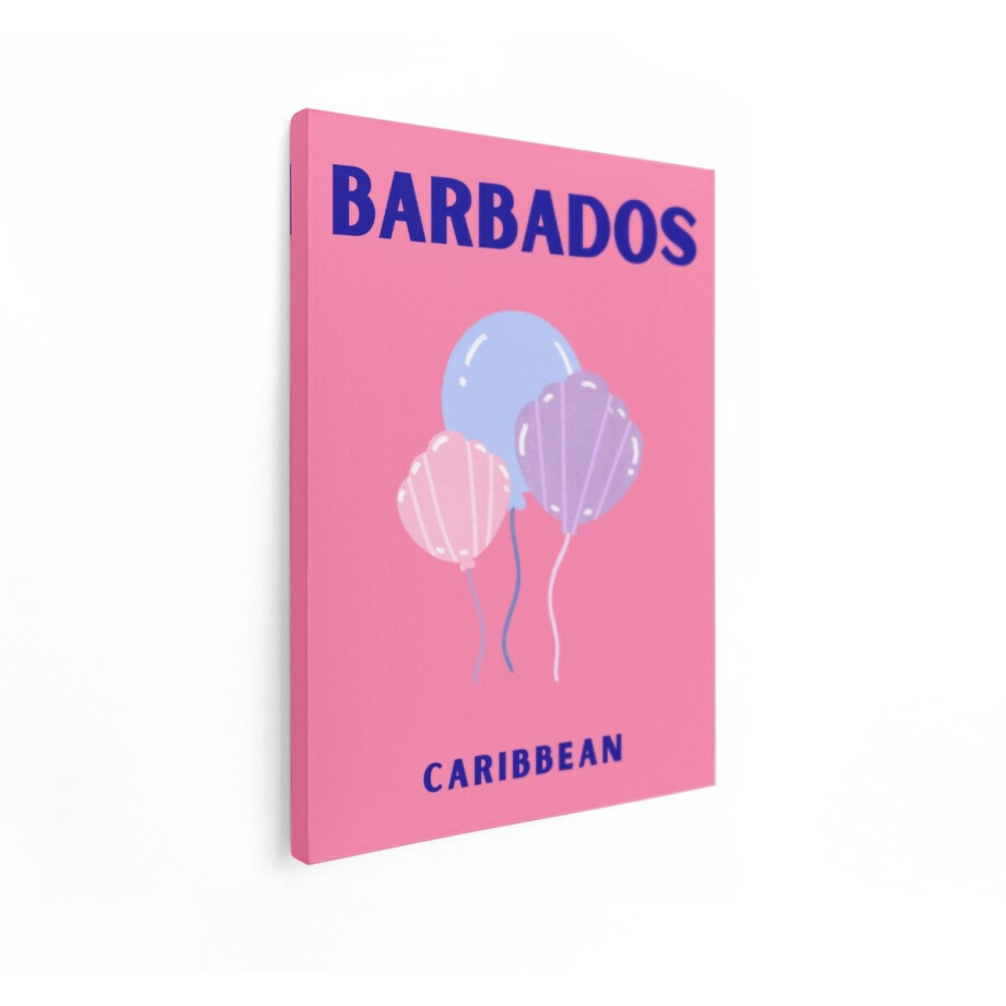 Artaza Canvas Schilderij Vrolijke Ballonnen en de Tekst Barbados Caribbean op een Roze Achtergrond - 90x120 cm - Groot - Wanddecoratie Woonkamer - Schilderijen - Muurdecoratie afbeelding 1