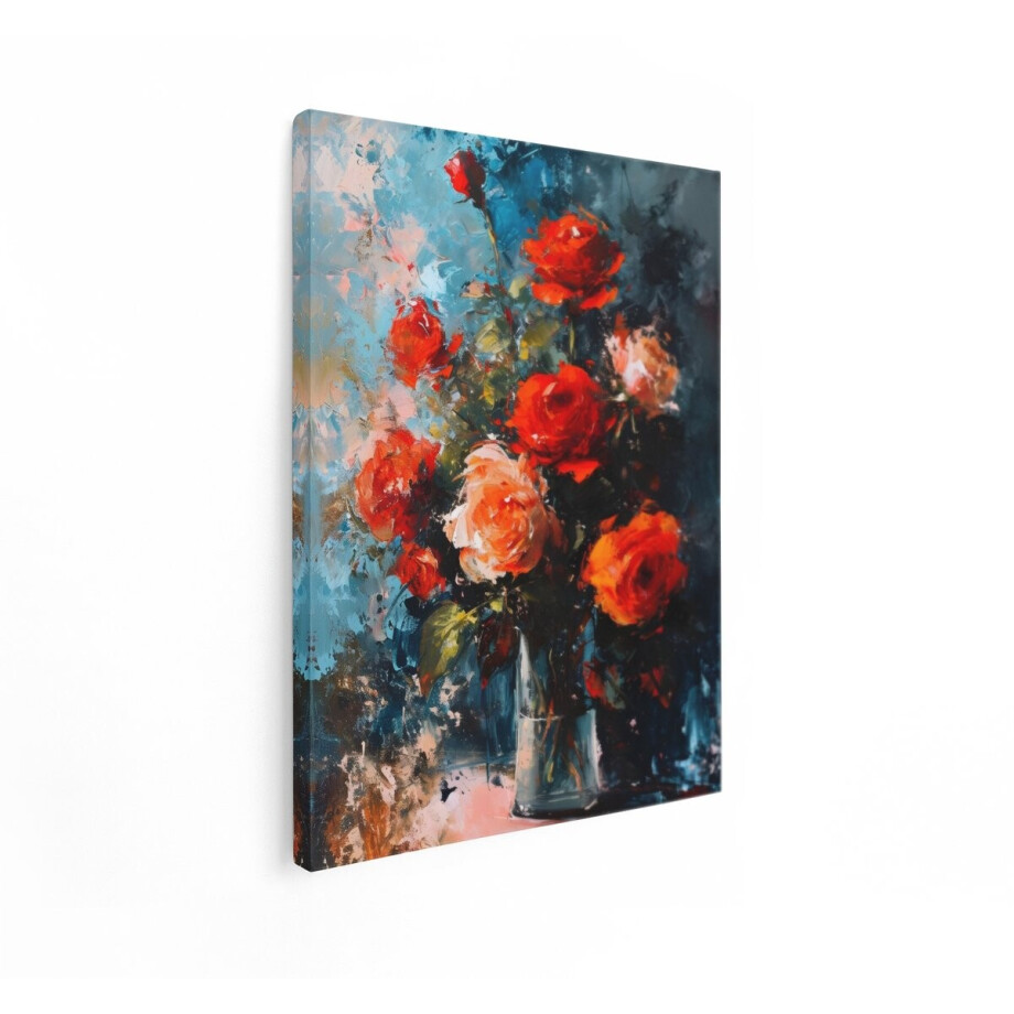 Artaza Canvas Schilderij Levendige Rozen in een Vaas - Geschilderd in een Expressieve - Impressionistische Stijl - 90x120 cm - Groot - Wanddecoratie Woonkamer - Schilderijen - Muurdecoratie afbeelding 1