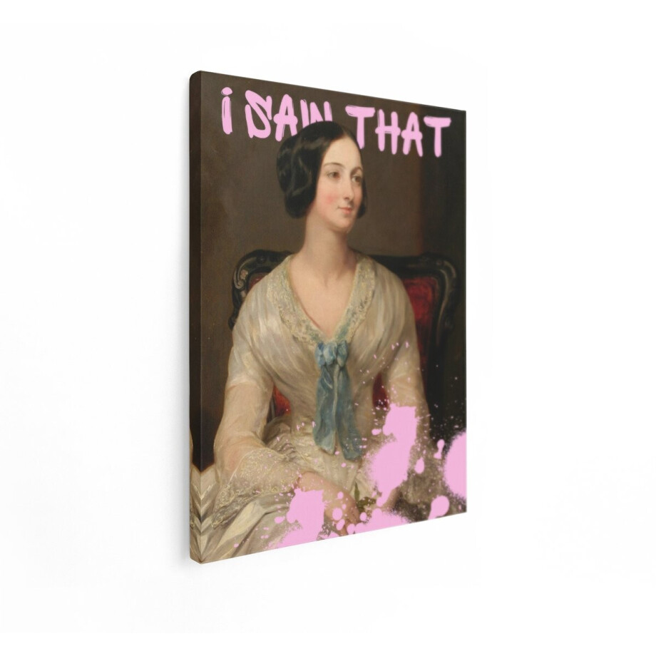 Artaza Canvas Schilderij Portret van een Elegante Vrouw in Historische Kleding met Roze Verfspatten - 90x120 cm - Groot - Wanddecoratie Woonkamer - Schilderijen - Muurdecoratie afbeelding 1