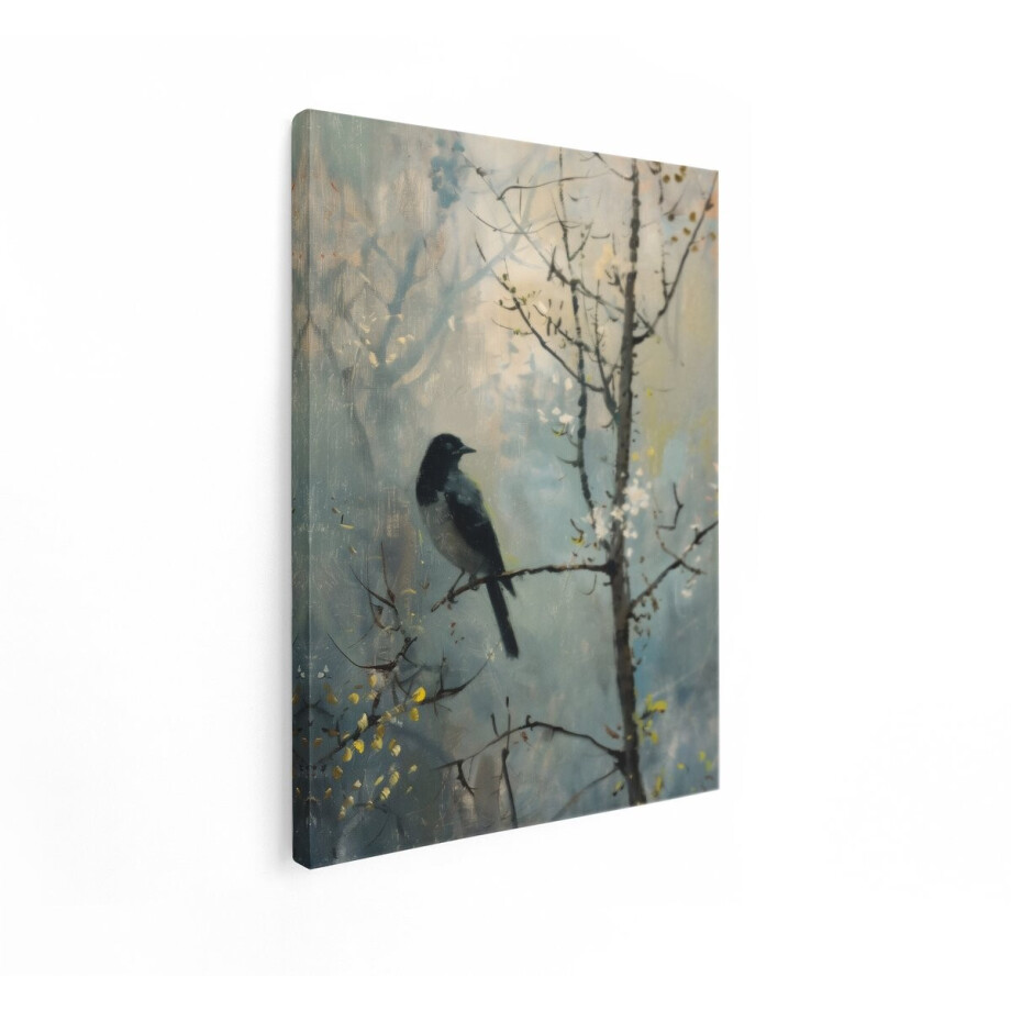 Artaza Canvas Schilderij Schilderij van een Vogel op een Tak in een Mistige - Impressionistische Bosomgeving - 90x120 cm - Groot - Wanddecoratie Woonkamer - Schilderijen - Muurdecoratie afbeelding 1
