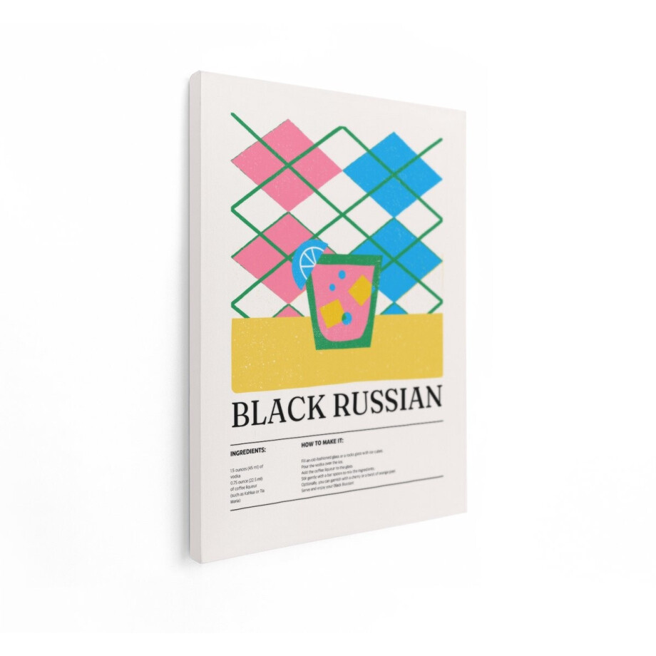 Artaza Canvas Schilderij Zwarte Russische Cocktailrecept Illustratie met Retro Argyle-Patroon - 90x120 cm - Groot - Wanddecoratie Woonkamer - Schilderijen - Muurdecoratie afbeelding 1