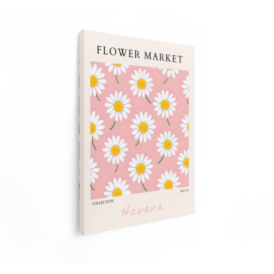 Artaza Canvas Schilderij Bloemenmarkt met Patroon van Madeliefjes op Roze Achtergrond - 90x120 cm - Groot - Wanddecoratie Woonkamer - Schilderijen - Muurdecoratie afbeelding 1