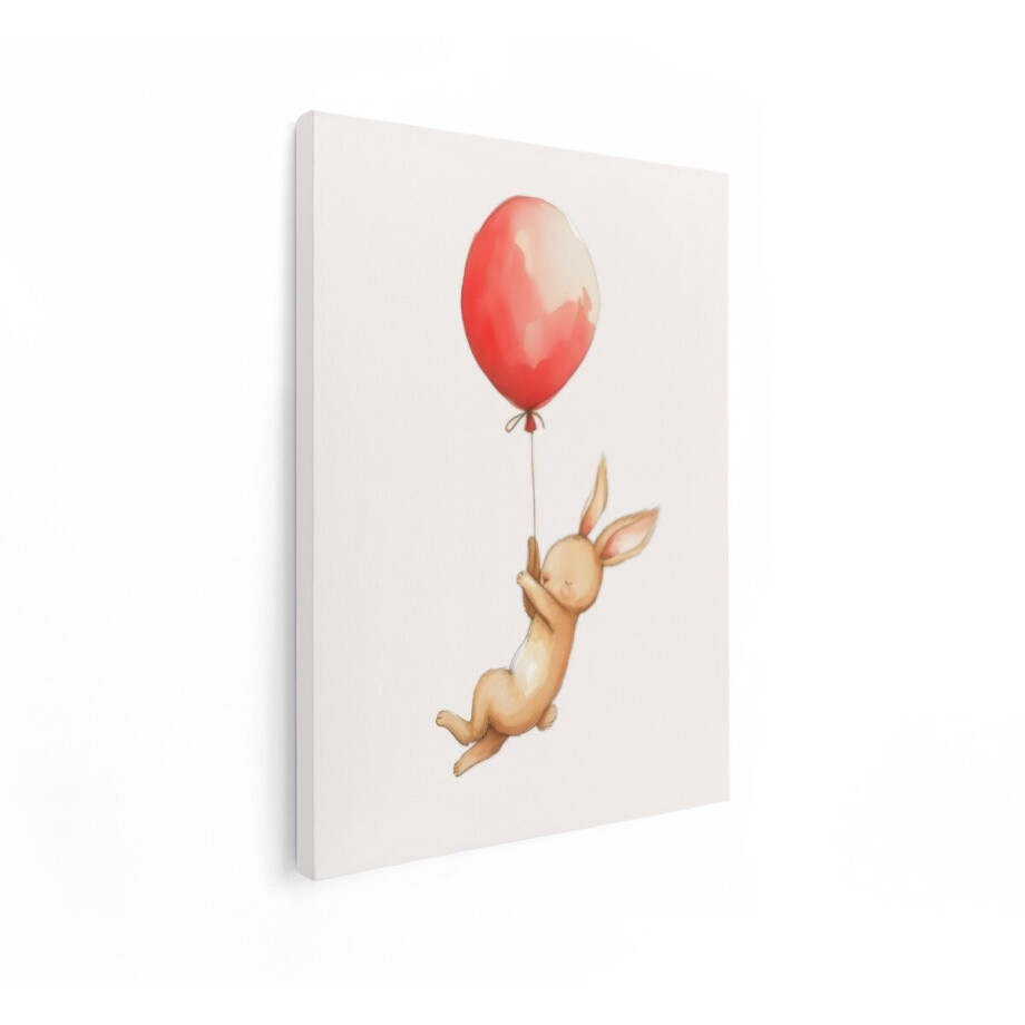 Artaza Canvas Schilderij Schattige Konijnenillustratie met Rode Ballon Die in de Lucht Zweeft - 90x120 cm - Groot - Wanddecoratie Woonkamer - Schilderijen - Muurdecoratie afbeelding 1
