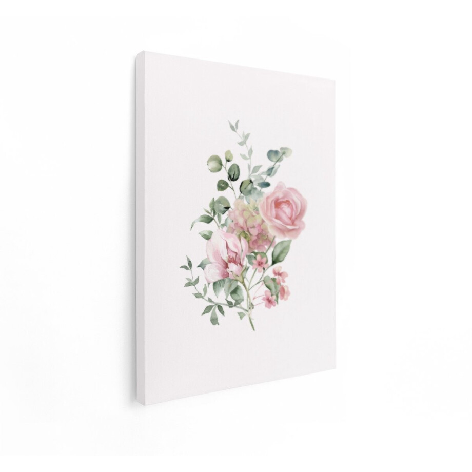 Artaza Canvas Schilderij Delicaat Roze Bloemenboeket met Eucalyptusbladeren in Aquarel - 30x40 cm - Klein - Wanddecoratie Woonkamer - Schilderijen - Muurdecoratie afbeelding 1