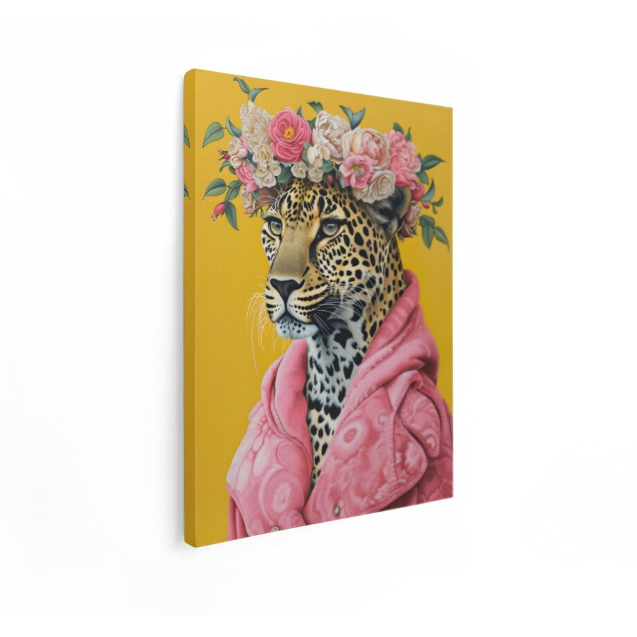 Artaza Canvas Schilderij Luipaard - 60x80 cm - Wanddecoratie Dieren - Muurdecoratie Bloemenkrans - Decoratie Kleurrijk - Roze afbeelding 1
