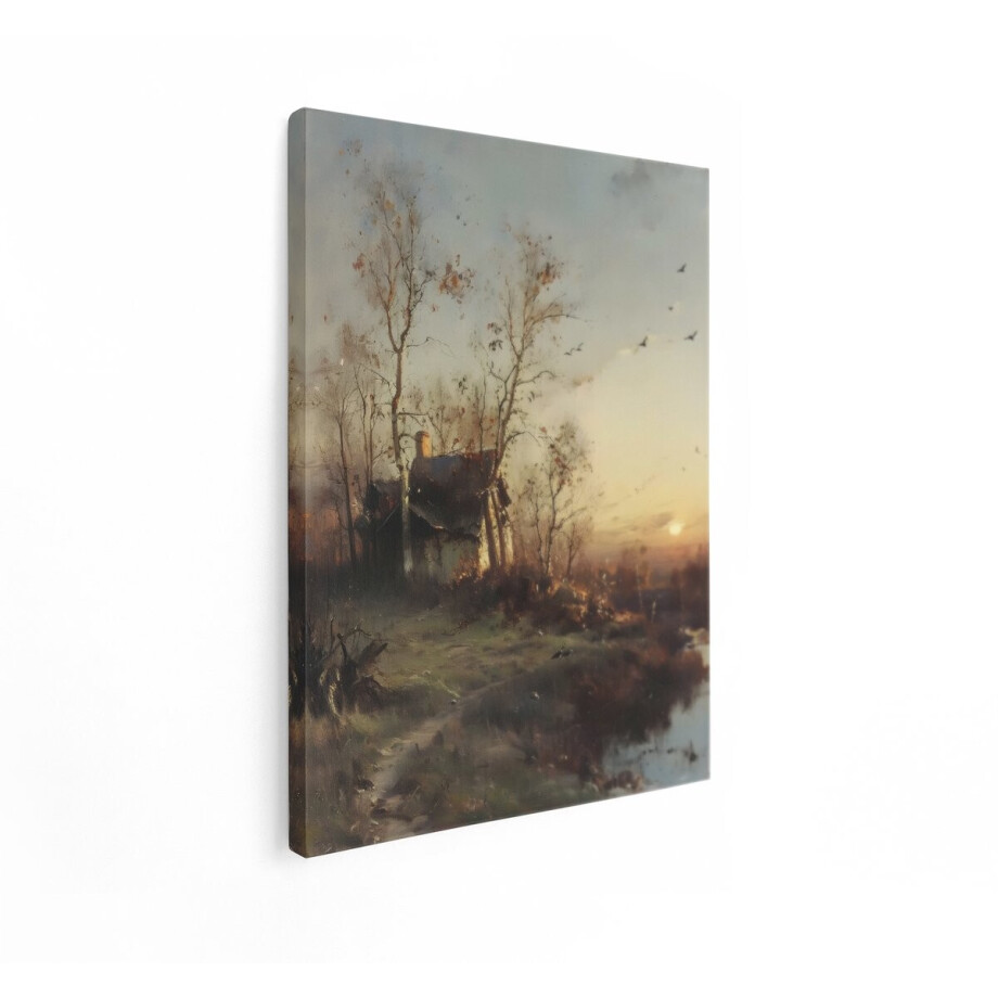 Artaza Canvas Schilderij Schilderachtig Landschap met Huisje bij Zonsondergang en Vliegende Vogels - 60x80 cm - Wanddecoratie Woonkamer - Schilderijen - Muurdecoratie afbeelding 1