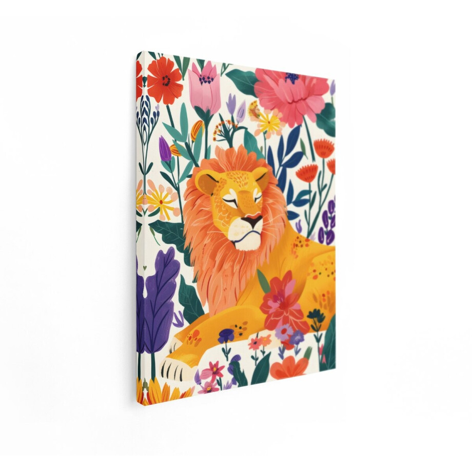 Artaza Canvas Schilderij Vrolijke Leeuw met een Weelderige Oranje Manen Omringd door Kleurrijke Bloemen - 30x40 cm - Klein - Wanddecoratie Woonkamer - Schilderijen - Muurdecoratie afbeelding 1