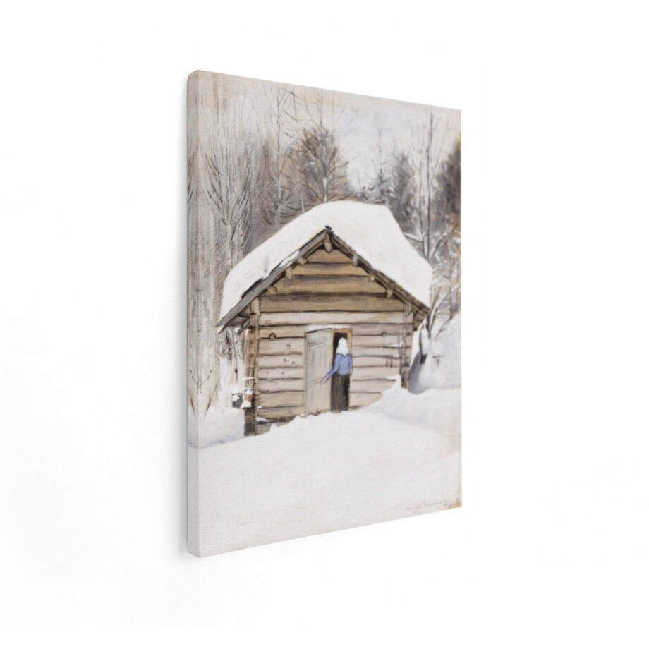 Artaza Canvas Schilderij Winterlandschap - 60x80 cm - Wanddecoratie Besneeuwd Bos - Muurdecoratie Houten Huisje - Decoratie Natuur afbeelding 1