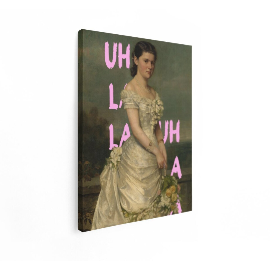 Artaza Canvas Schilderij Vrouw in Baljurk met Bloemen en Tekst "Uh La La Uh A" - 60x80 cm - Wanddecoratie Woonkamer - Schilderijen - Muurdecoratie afbeelding 1