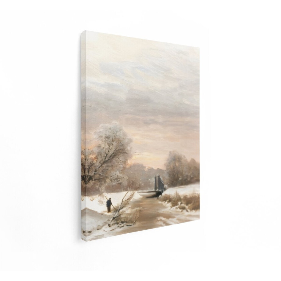 Artaza Canvas Schilderij Winterlandschap - 90x120 cm - Wanddecoratie Natuur - Muurdecoratie Brug Bevroren Rivier - Decoratie Zonsopgang afbeelding 1