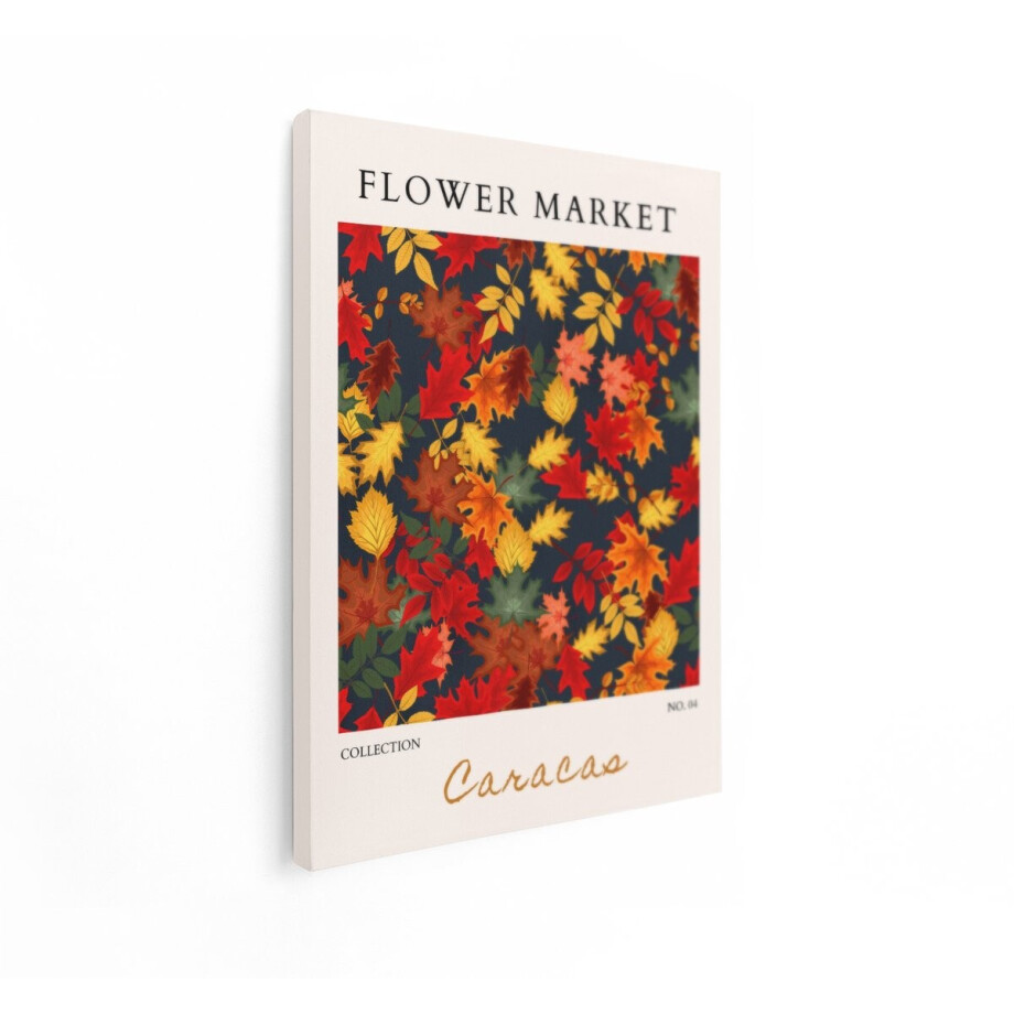 Artaza Canvas Schilderij Herfstbladeren Patroon met Tekst 'Flower Market' en 'Caracas' - 60x80 cm - Wanddecoratie Woonkamer - Schilderijen - Muurdecoratie afbeelding 1
