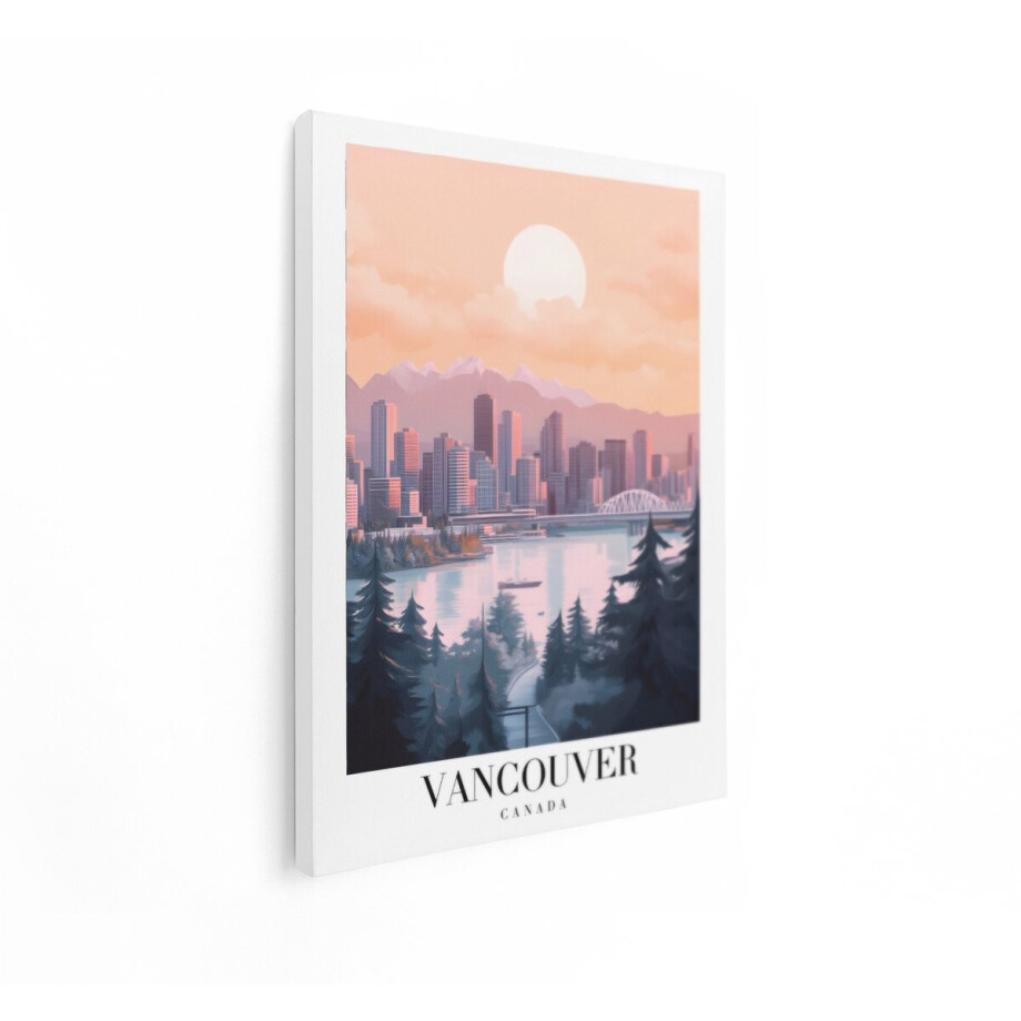 Artaza Canvas Schilderij Skyline Vancouver - 60x80 cm - Wanddecoratie Canada Stad - Muurdecoratie Bergen Landschap - Decoratie Zonsondergang afbeelding 1